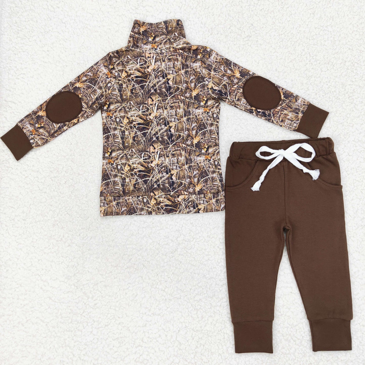 rts no moq BLP0495 Leaf camouflage button long sleeve brown trousers set