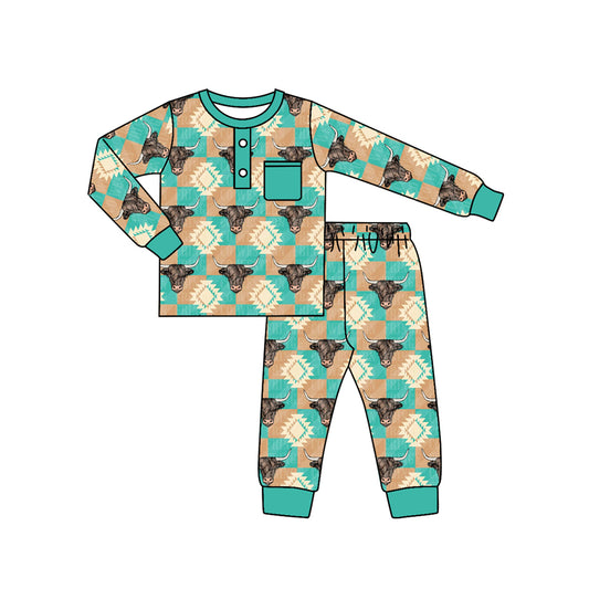 no moq BLP0498 pre-order 3-6M to 7-8T toddler boy clothes aztec bull head boy winter pajamas outfit-2024.6.7