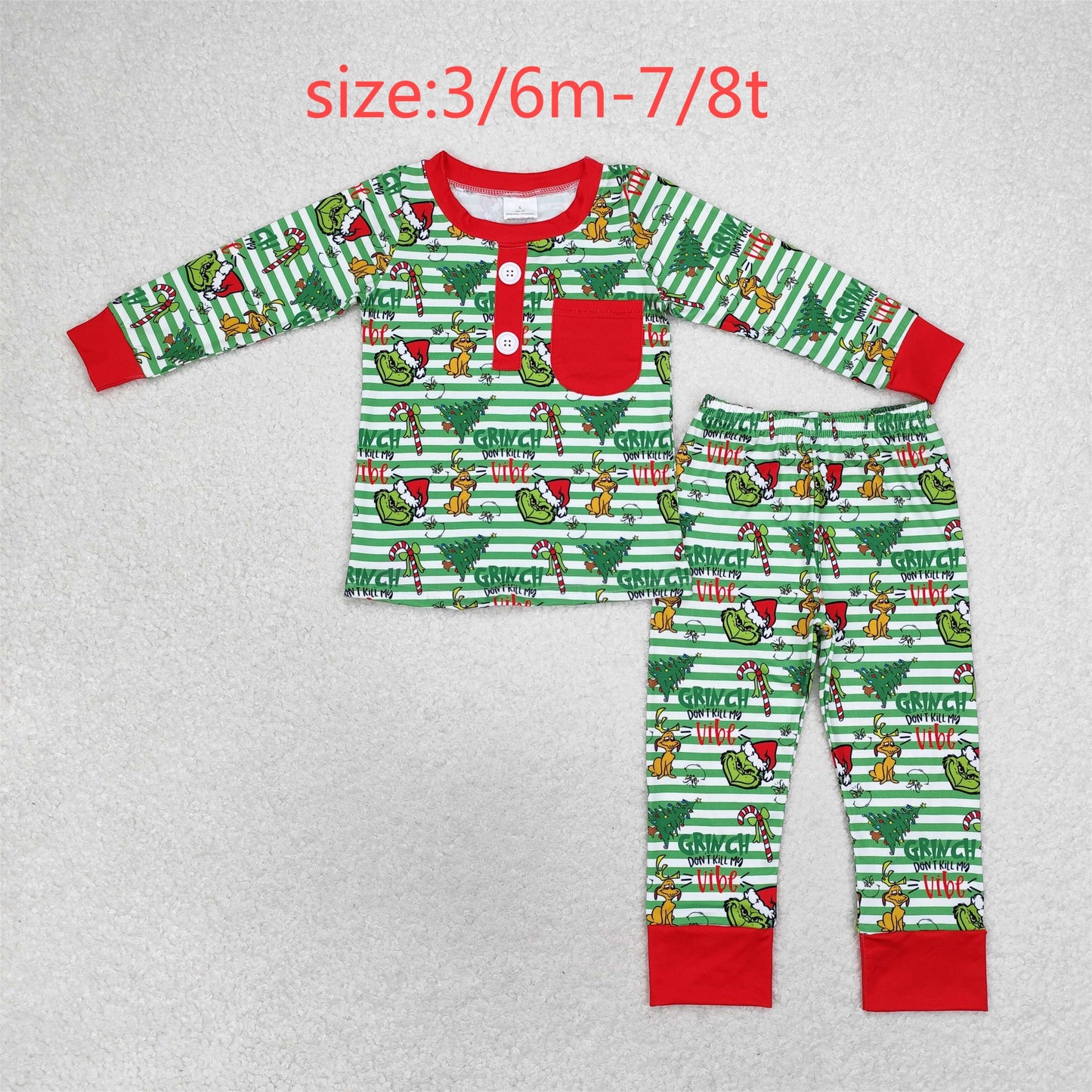 rts no moq BLP0507 Grinch puppy Christmas tree red pocket green striped long-sleeved trousers pajama set