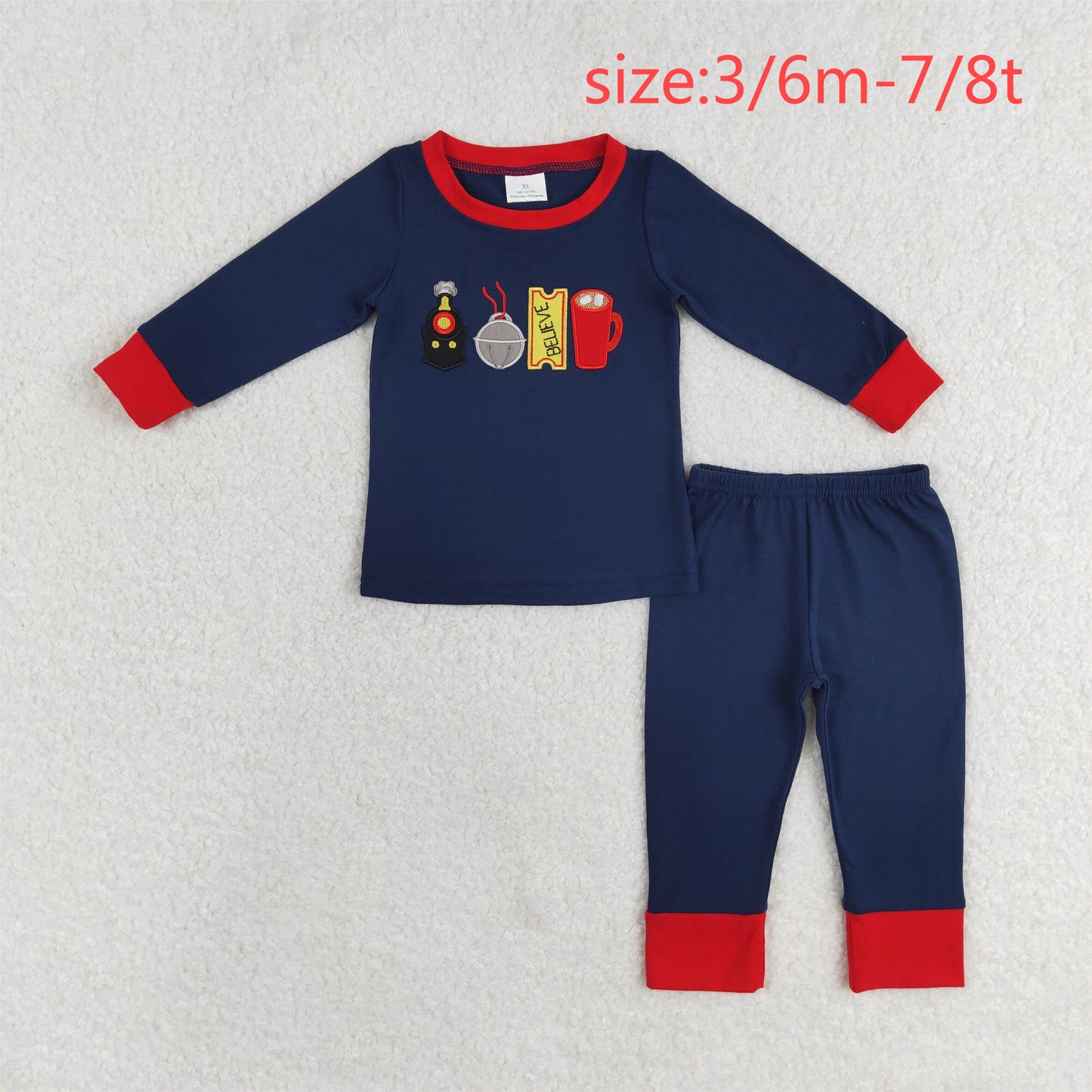 rts no moq BLP0527 Believe embroidered bell navy blue long-sleeved trousers pajama set