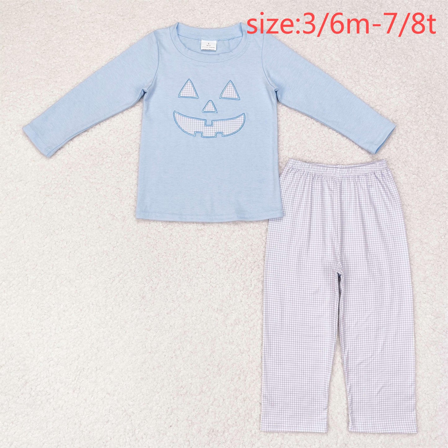 rts no moq BLP0562 Embroidered Halloween smiley blue long-sleeved plaid trousers suit