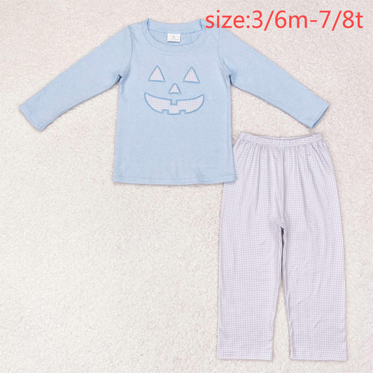 rts no moq BLP0562 Embroidered Halloween smiley blue long-sleeved plaid trousers suit