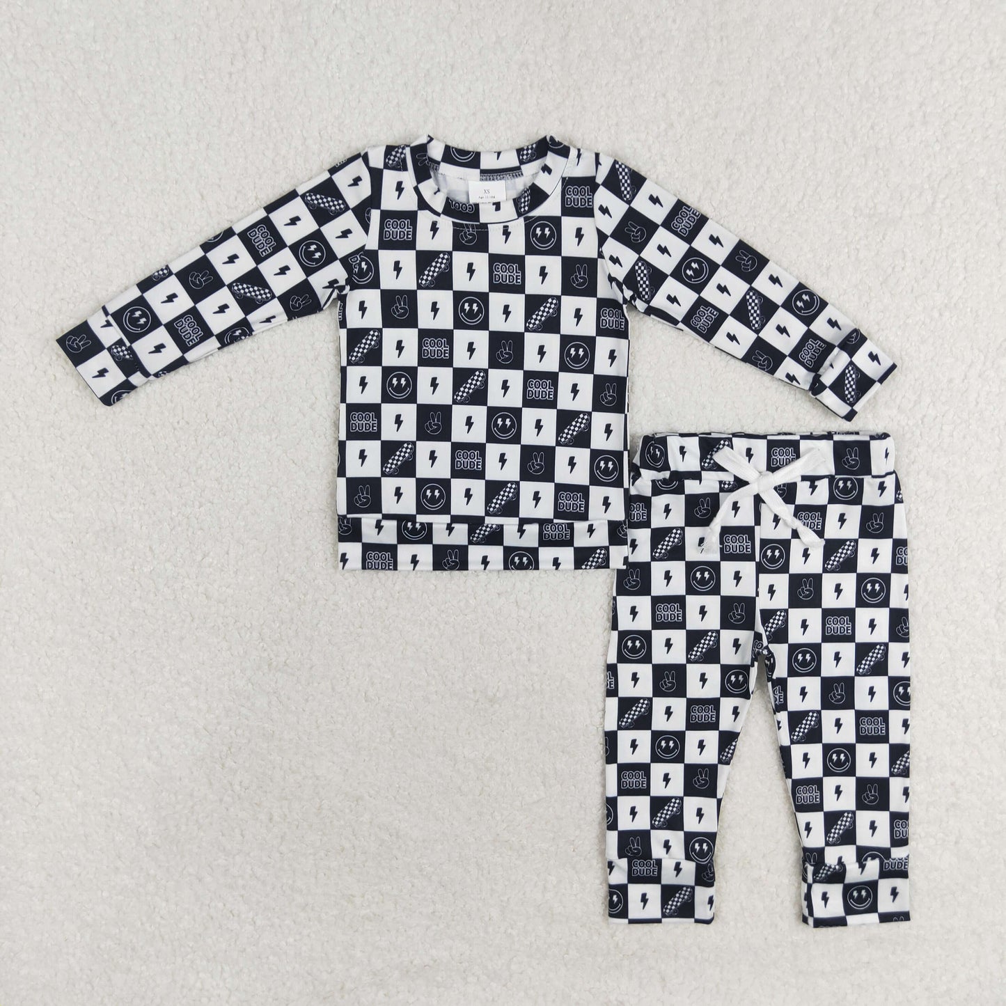 rts no moq BLP0567 Smiley Skateboard Lightning Black and White Plaid Long Sleeve Long Pants Set