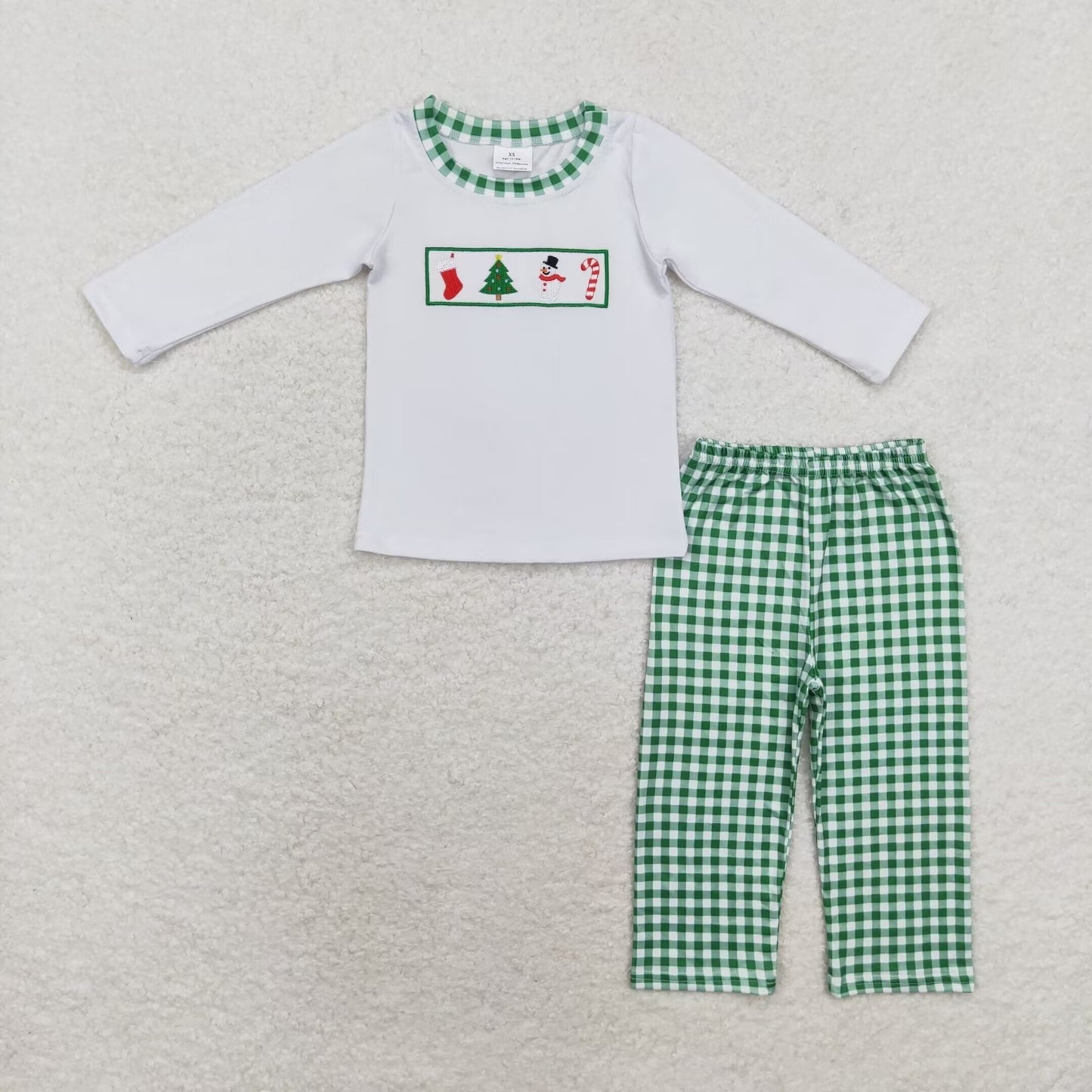 rts no moq BLP0603 Embroidered Christmas Tree Snowman Cane White Long Sleeve Green Plaid Trousers Set