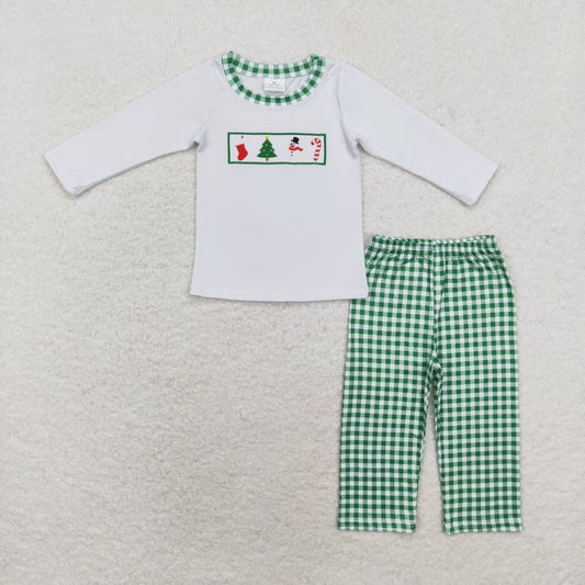 rts no moq BLP0603 Embroidered Christmas Tree Snowman Cane White Long Sleeve Green Plaid Trousers Set