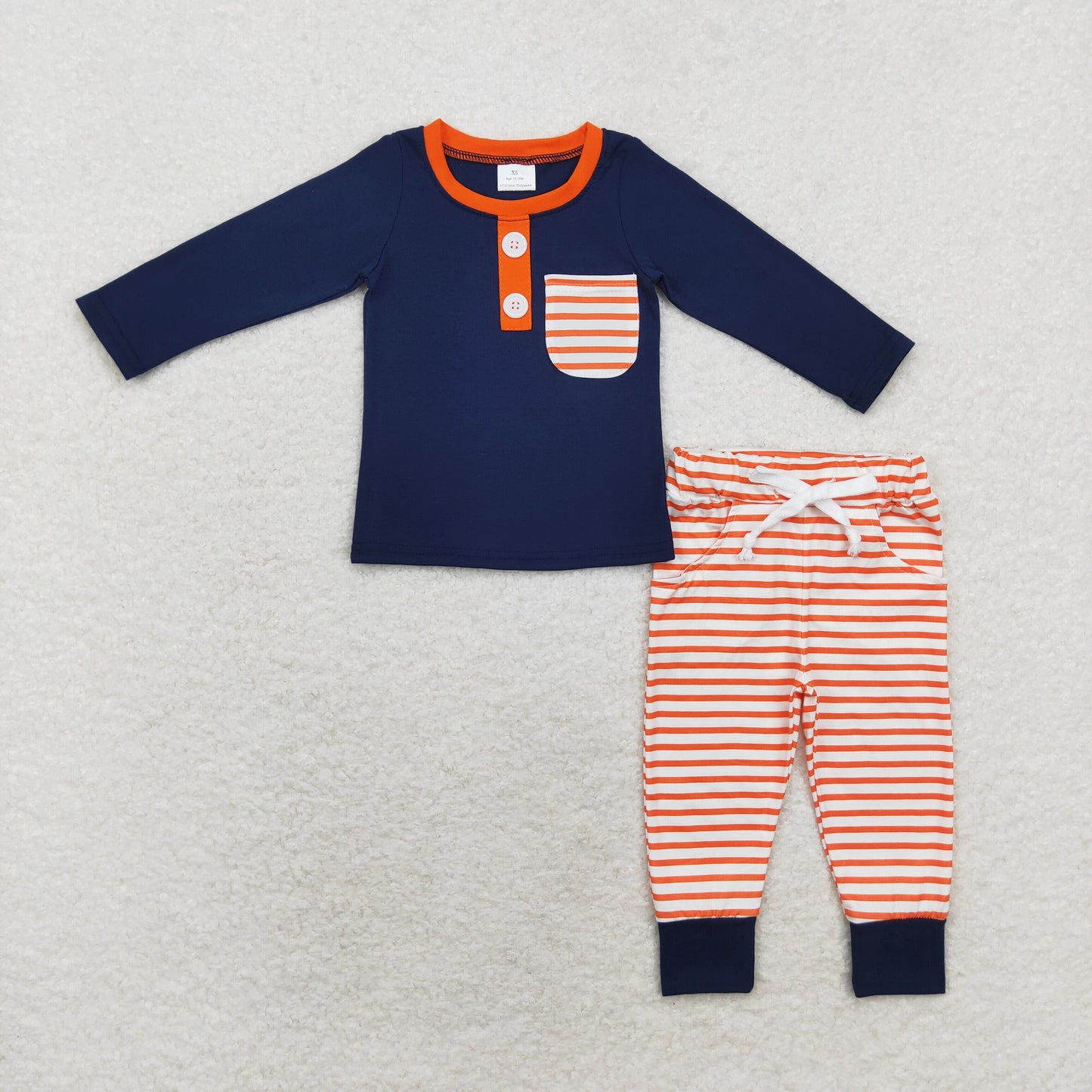 rts no moq BLP0627 Orange striped pocket navy blue long-sleeved trousers set