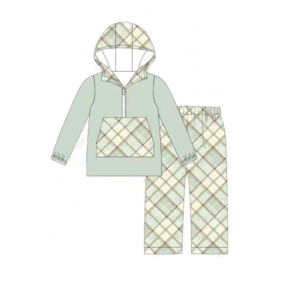 NO MOQ sales BLP0629 baby boys clothes grid hooded long sleeve pants sets -2024.7.16