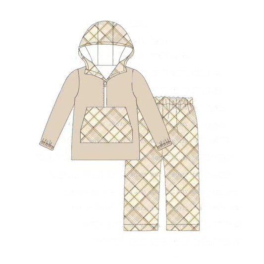NO MOQ sales BLP0630 baby boys clothes khaki grid hooded long sleeve pants sets -2024.7.16