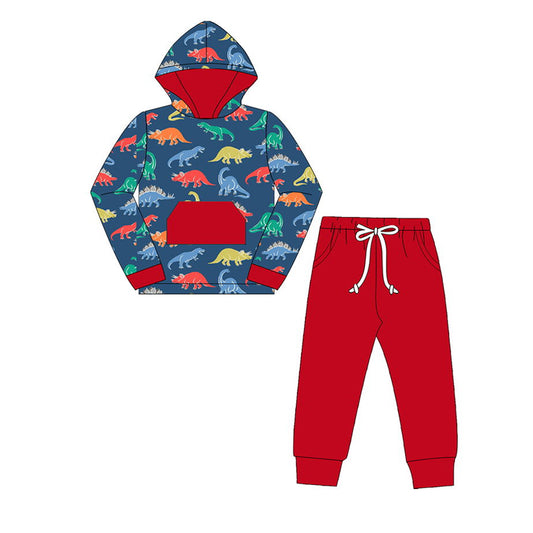 NO MOQ sales BLP0637 baby boys clothes navy blue dinosaur hooded long sleeve red pants sets -2024.7.18