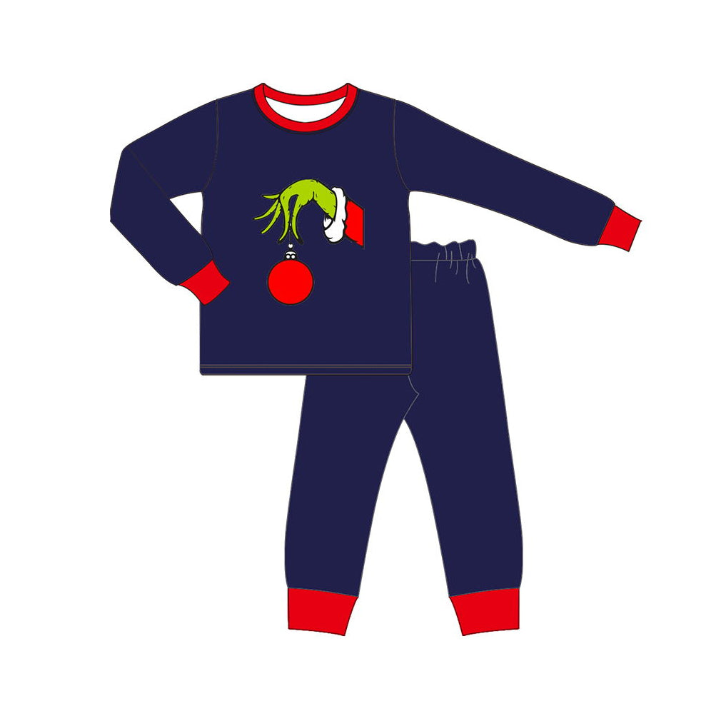 NO MOQ sales BLP0640 baby boys clothes Christmas navy blue long sleeve pants sets -2024.7.19