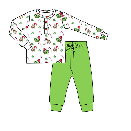 NO MOQ sales BLP0646 baby boys clothes Christmas long sleeve green pants sets -2024.7.20
