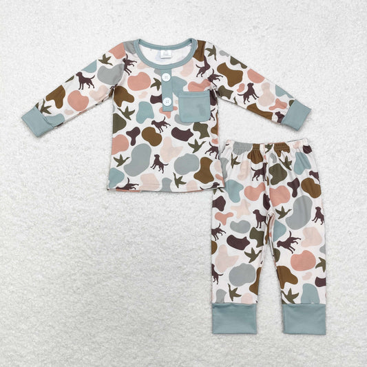 RTS NO MOQ（In Stock) BLP0669 Modal puppy duck camouflage green pocket long-sleeved trousers pajama set