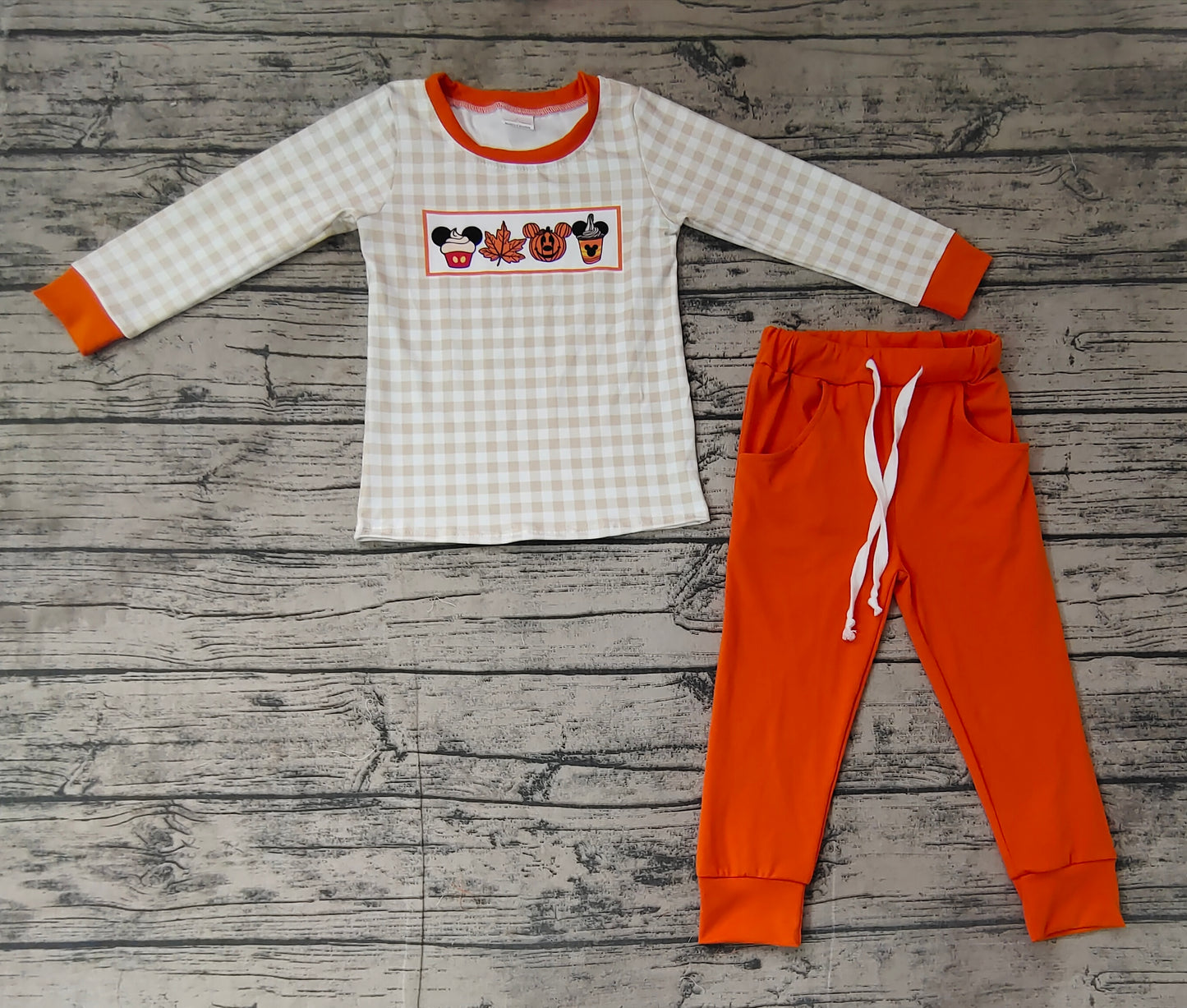 NO MOQ sales BLP0696 baby boys clothes mickey pumpkin fall orange long sleeve pants sets