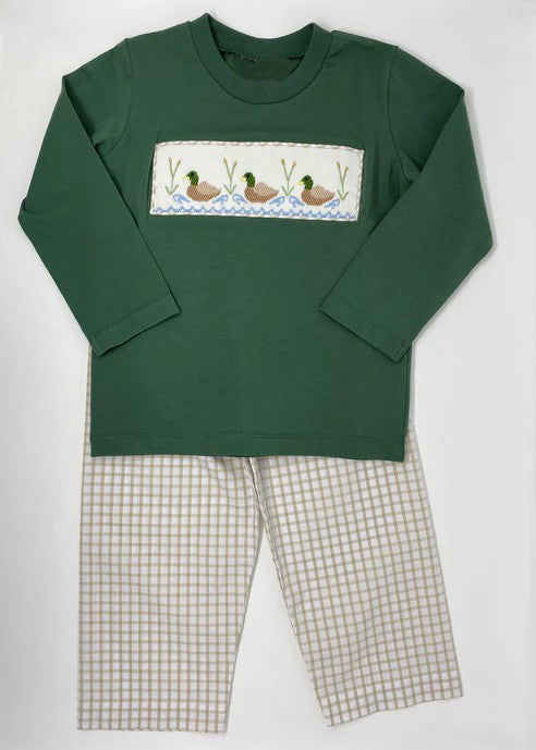 NO MOQ sales BLP0717 pre-order baby boys clothes embroidery duck green long sleeve pants sets