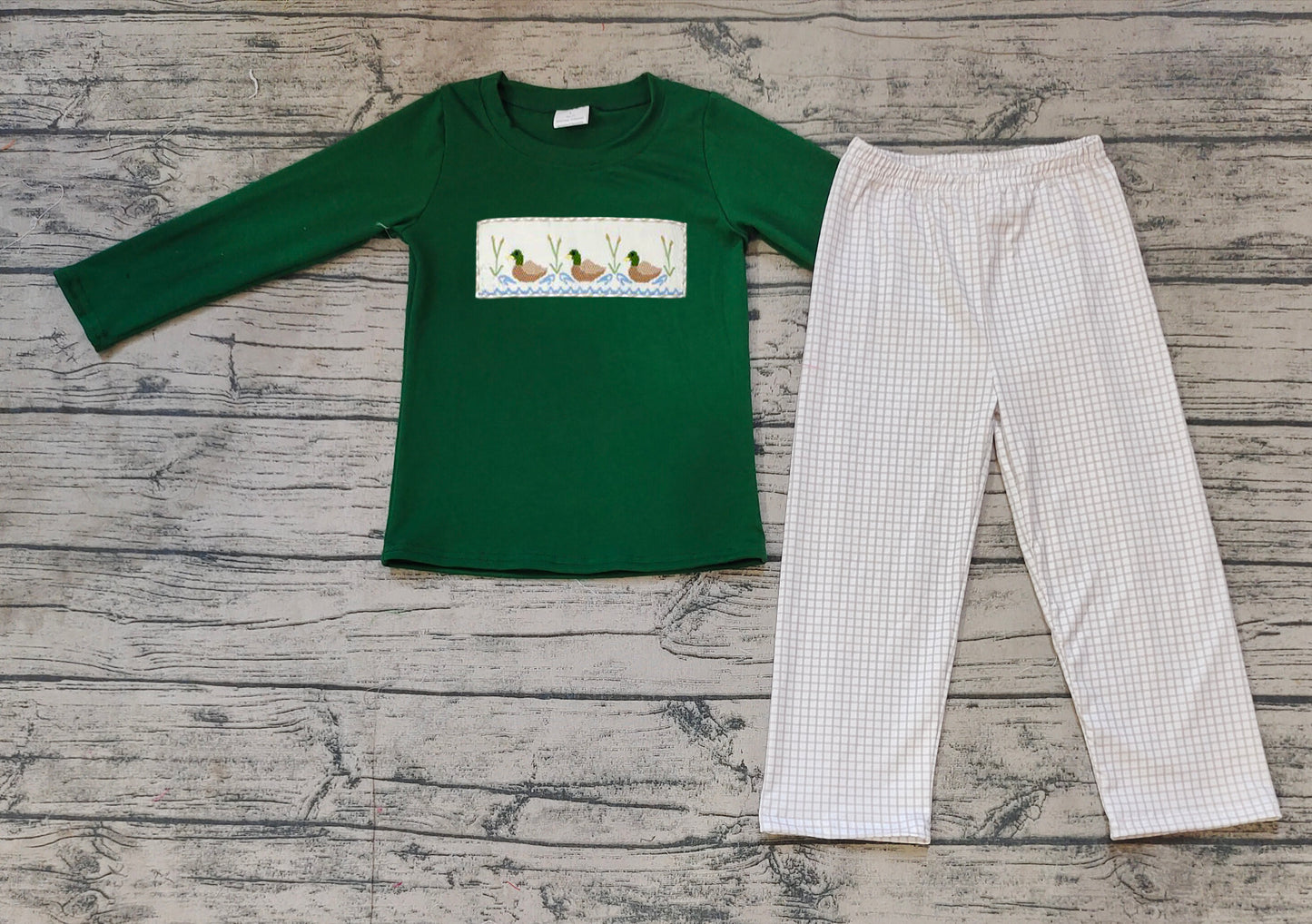 NO MOQ sales BLP0717 pre-order baby boys clothes embroidery duck green long sleeve pants sets