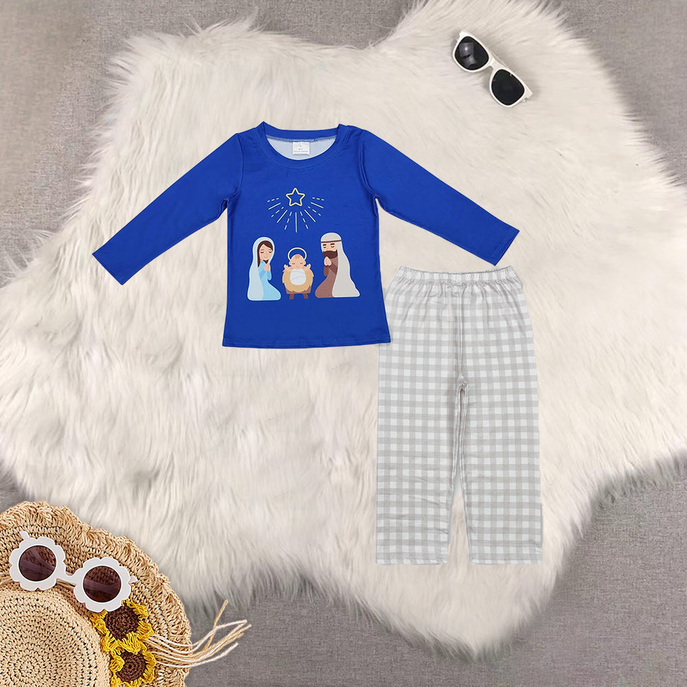 RTS NO MOQ Sibling baby girls baby boys clothes jesus blue long-sleeved trousers suit & romper