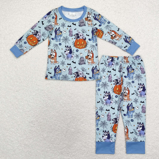 rts no moq BLP0726 bluey Halloween spider web blue long-sleeved trousers pajama set