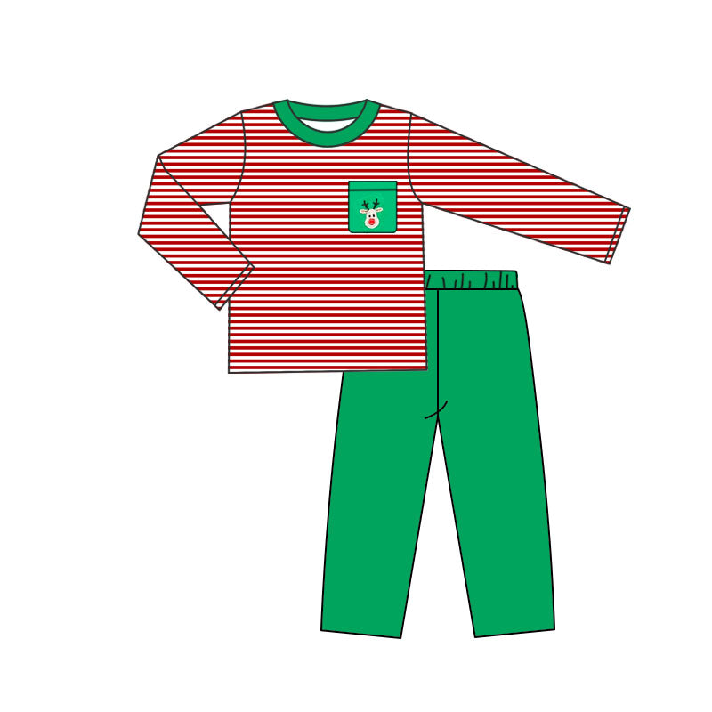 NO MOQ sales BLP0734 pre-order baby boys clothes Christmas red striped long sleeve pants green sets -2024.8.7