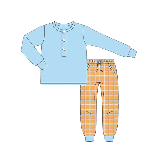 NO MOQ sales BLP0738 pre-order baby boys clothes blue long sleeve orange pants sets -2024.8.9