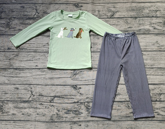 NO MOQ sales BLP0741 pre-order baby boys clothes embroidery puppy green long sleeve gray pants set