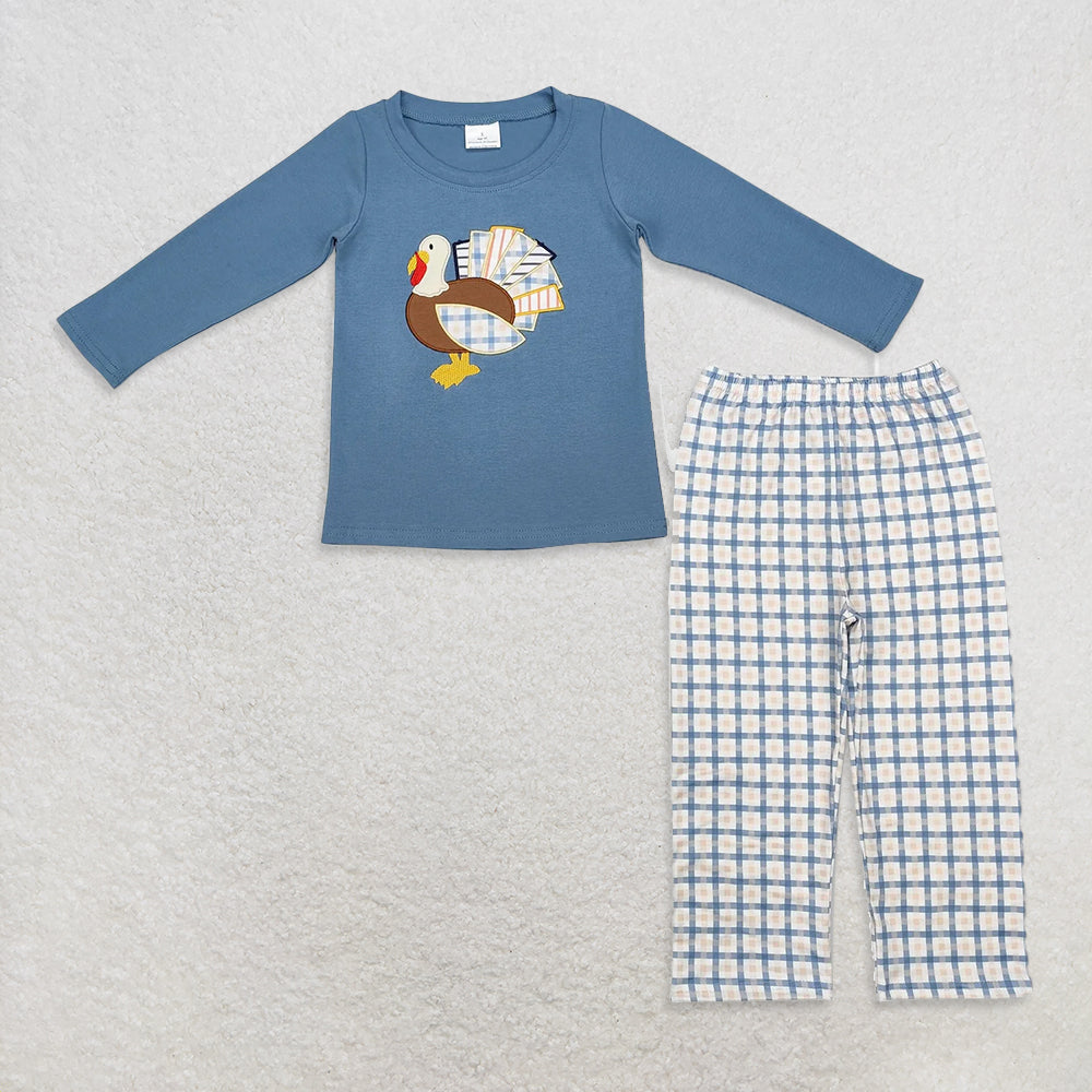 RTS Sibling baby boy girl clothes embroidery turkey plaid bow green long sleeved pants set and dress and jumpsuit and romper and top