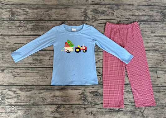 NO MOQ sales BLP0745 pre-order baby boys clothes embroidery Christmas blue long sleeve red grid pants sets