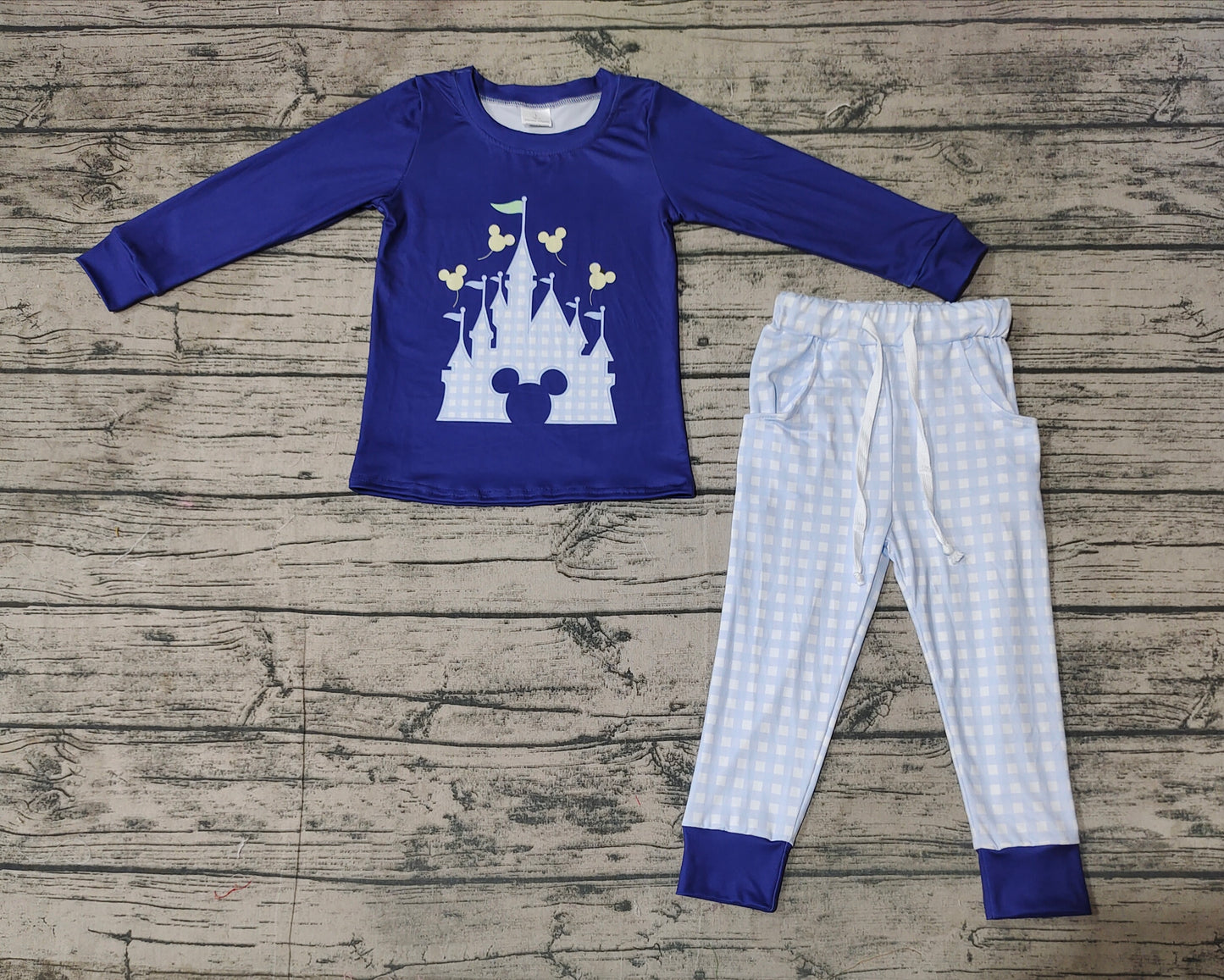 NO MOQ sales BLP0753 pre-order baby boys clothes castle navy blue long sleeve pants sets