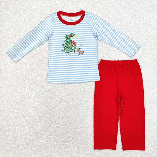 rts no moq BLP0772 Embroidered Christmas tree puppy pattern blue striped long-sleeved top with red pants set