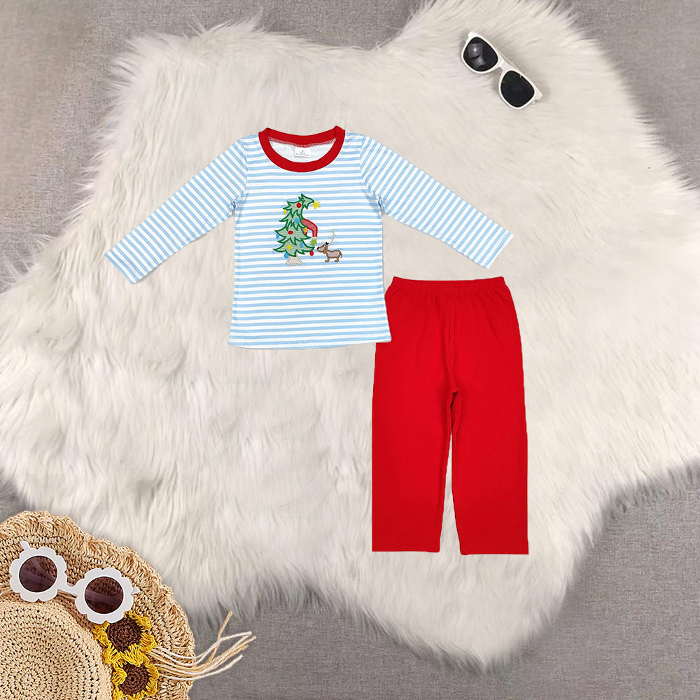 RTS NO MOQ Sibling Baby boys girls Christmas embroidery trees long-sleeved trousers suit & romper