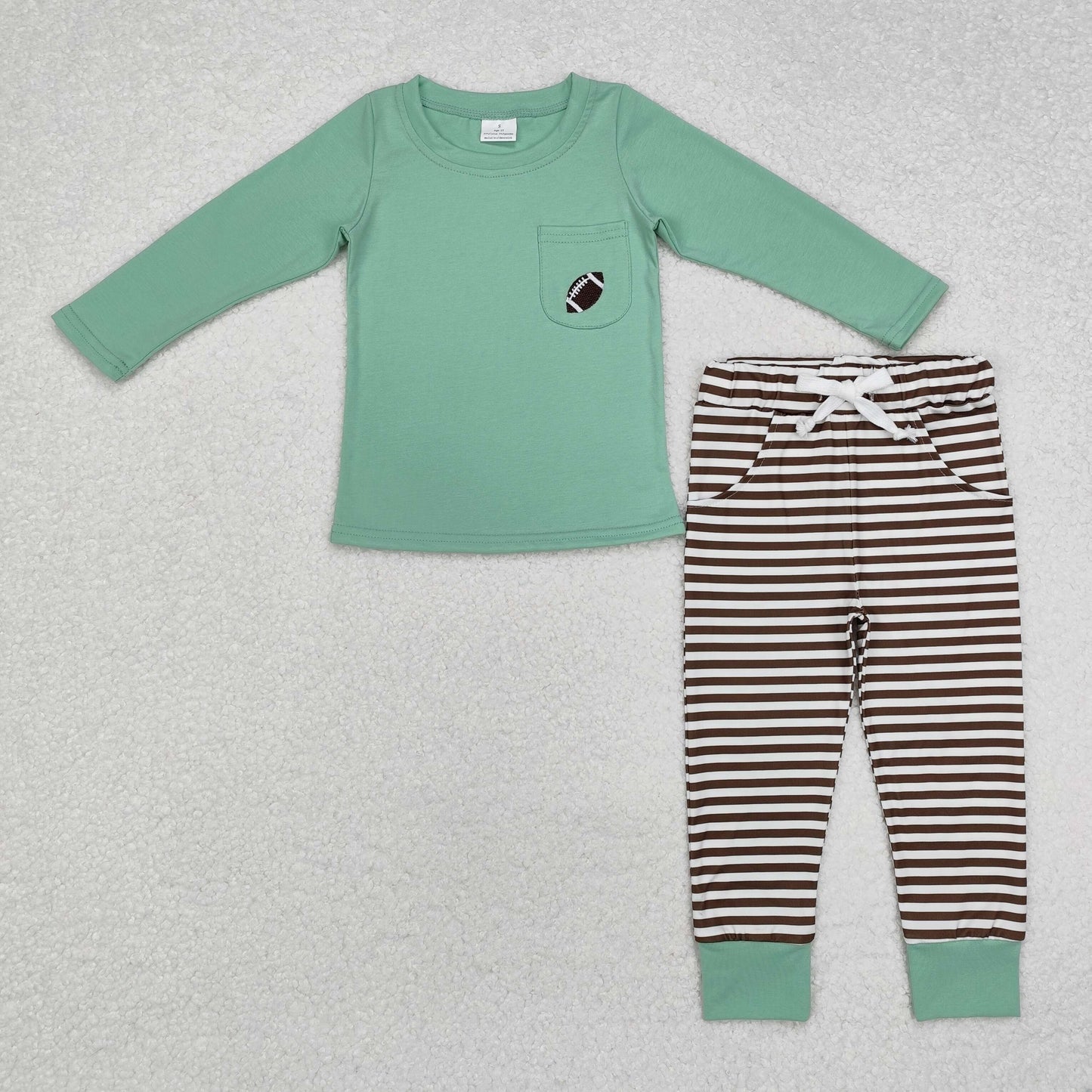 RTS NO MOQ ETA 5/7days Arrived BLP0793 Embroidered rugby pocket green long sleeve brown striped trousers set