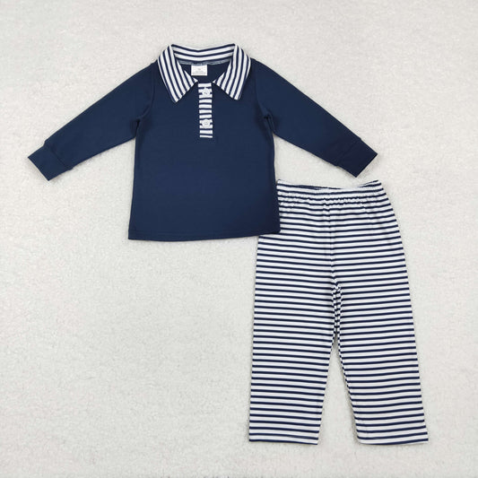 RTS NO MOQ ETA 5/7days BLP0897 Striped collar navy blue long-sleeved long pants set