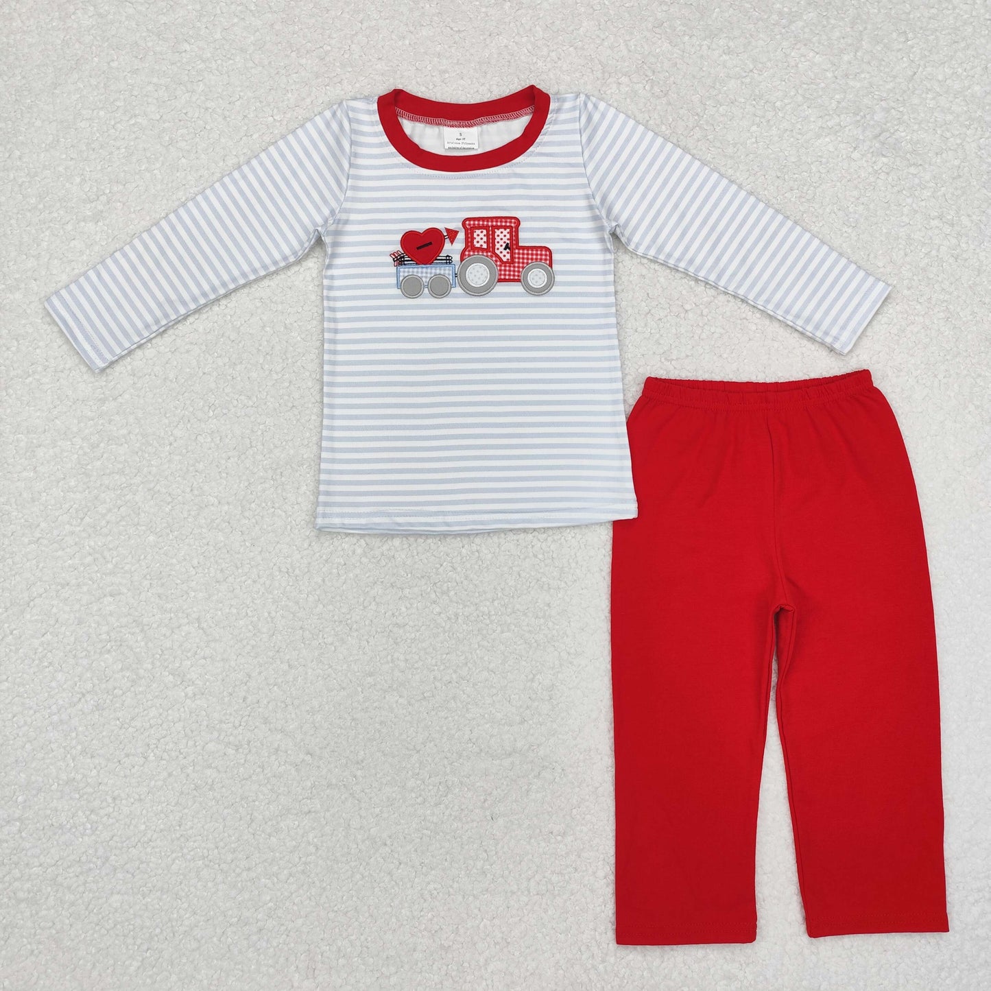 RTS NO MOQ ETA 5/7days Arrived BLP0932 Embroidered heart tractor striped long-sleeved red trousers set