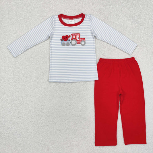 RTS NO MOQ ETA 5/7days Arrived BLP0932 Embroidered heart tractor striped long-sleeved red trousers set