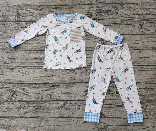 NO MOQ sales BLP1046 pre-order baby boys clothes easter blue and white long Sleeve pants Suit