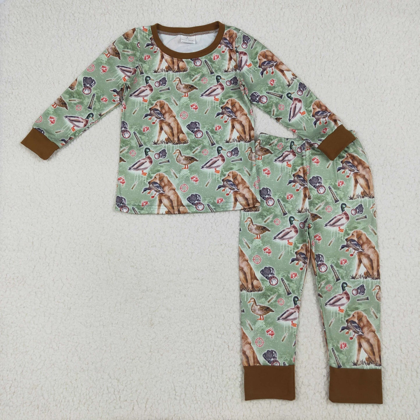 RTS NO MOQ（In Stock ) BLP1070 Duck and puppy brown and green long-sleeved trousers pajamas set