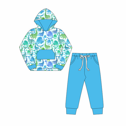 NO MOQ sales BLP1092 Pre-order baby boys clothes dinosaur blue hooded long sleeve pants sets-2025.6.5