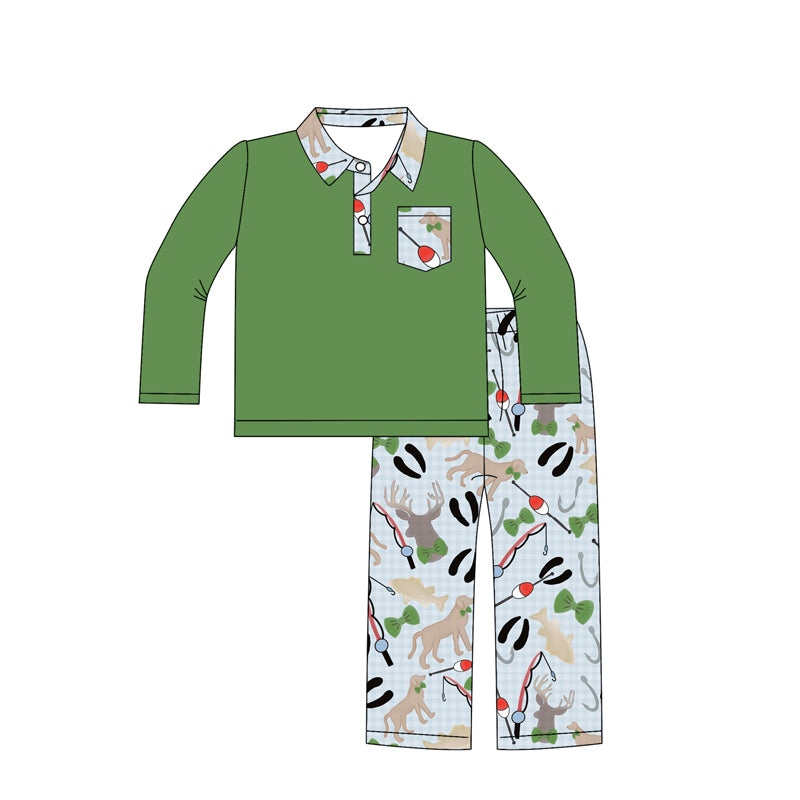 (Pre Order) No moq BLP1221 Pre-order baby boy clothes fish green long sleeve pants sets-2025.8.12