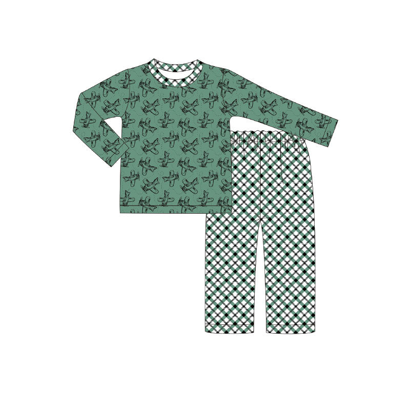 (Pre Order) No moq BLP1291 Pre-order baby boy clothes airplane green long sleeve pants sets-2025.9.11