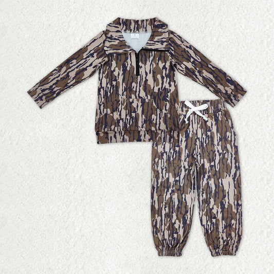 RTS NO MOQ Baby Boys Olive Camo Long Sleeves Zipper Pullover Pocket Jogger Pants Clothes Set