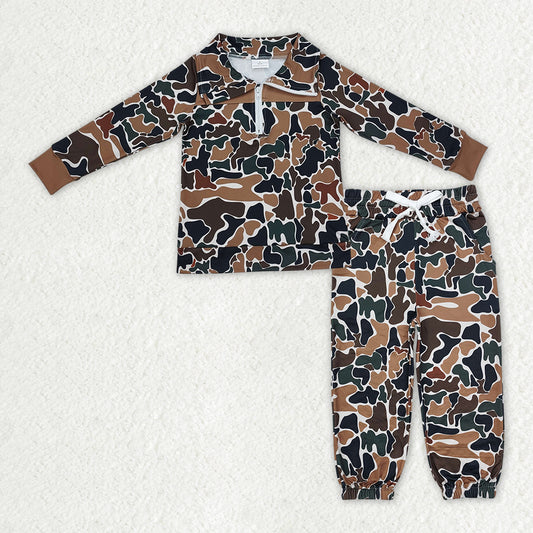RTS NO MOQ Baby Boys Dark Brown Camo Zipper Pullover Top Pocket Jogger Clothes Set