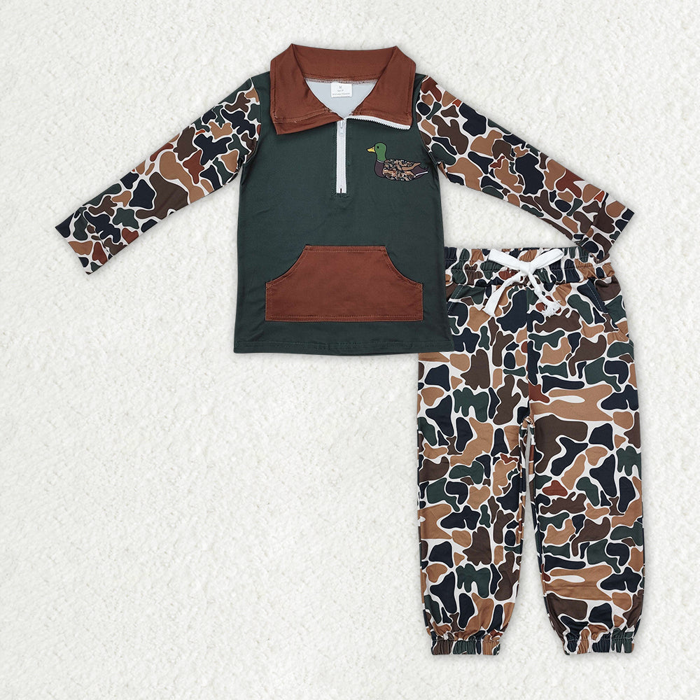 RTS NO MOQ Embroidery Duck Baby Boys Dark Brown Camo Pocket Zipper Pullover Jogger Clothes Set