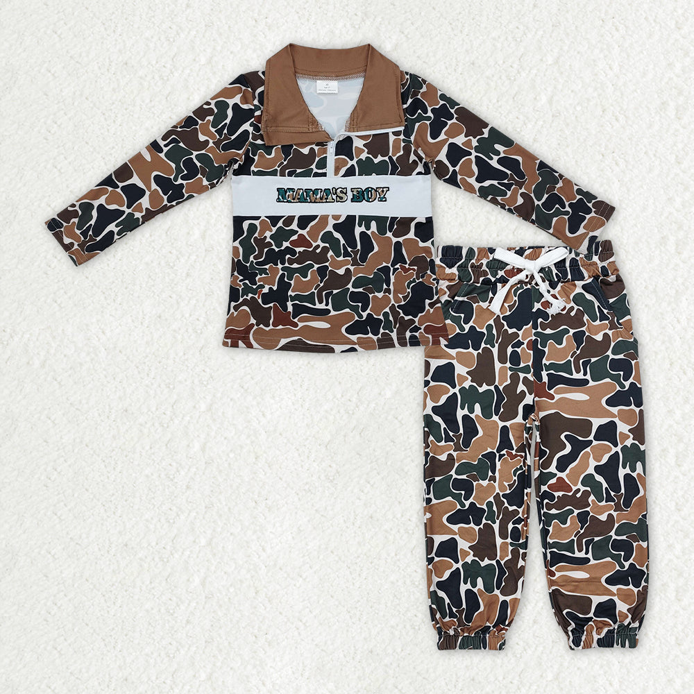 RTS NO MOQ Embroidery Mama's Boy Baby Boys Dark Brown Camo Zipper Pullover Pockets Jogger Clothes Set
