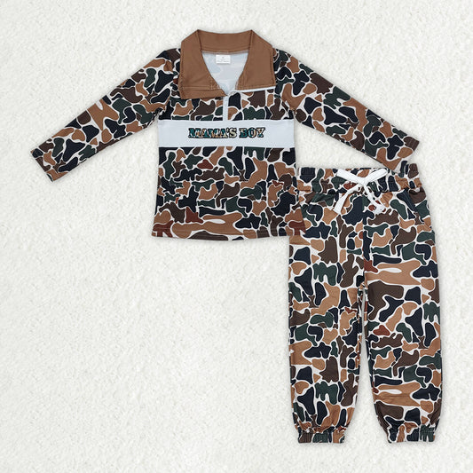 RTS NO MOQ Embroidery Mama's Boy Baby Boys Dark Brown Camo Zipper Pullover Pockets Jogger Clothes Set