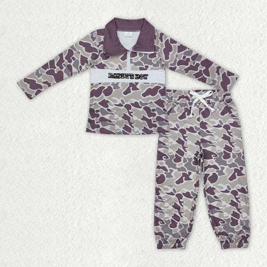 RTS NO MOQ Embroidery Mama's Boy Baby Boys Grey Camo Zipper Pullover Pockets Jogger Clothes Set
