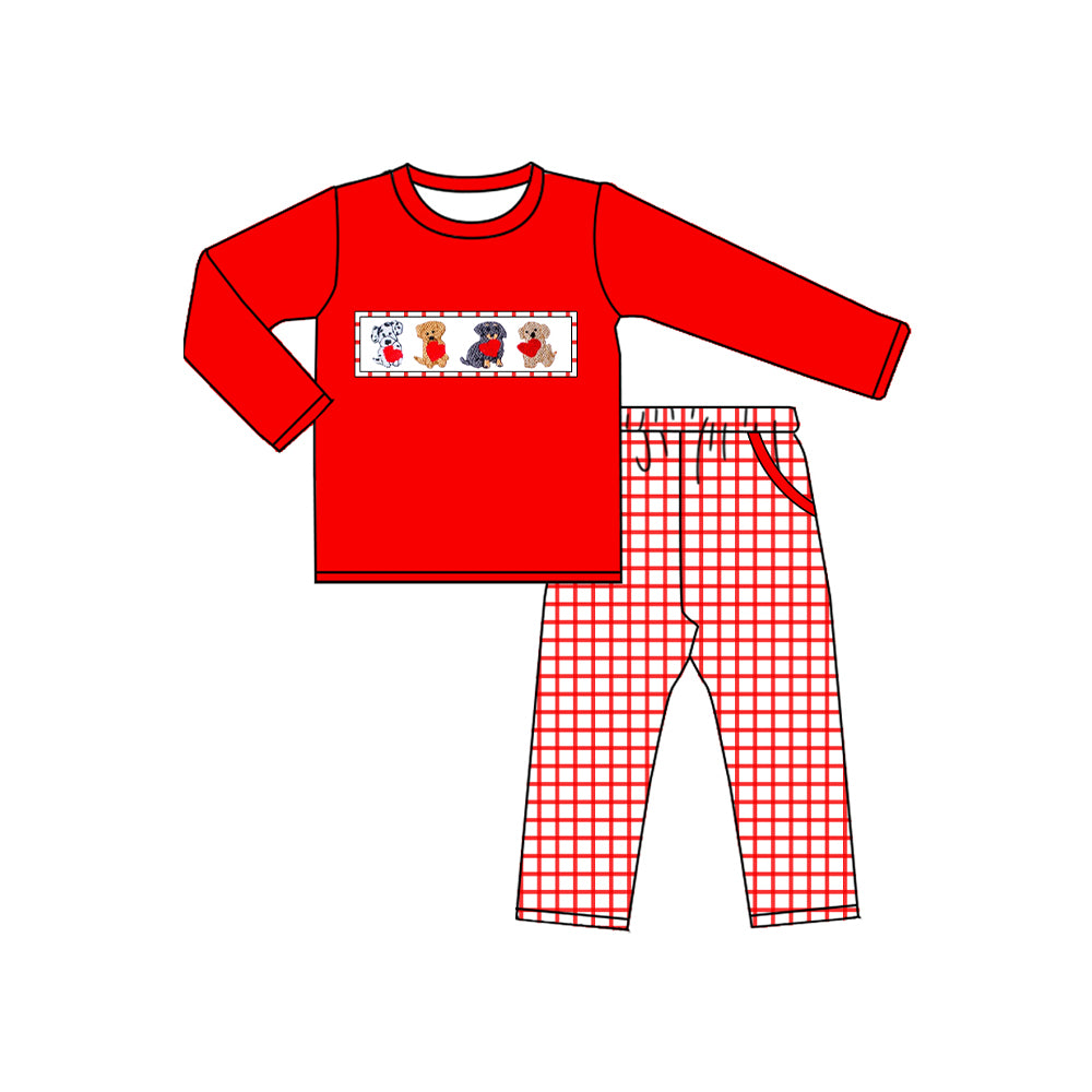 (Pre Order) No moq BLP1373 Pre-order baby boy clothes puppy love red long sleeve pants sets-2025.10.28