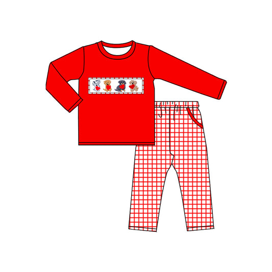 (Pre Order) No moq BLP1373 Pre-order baby boy clothes puppy love red long sleeve pants sets-2025.10.28