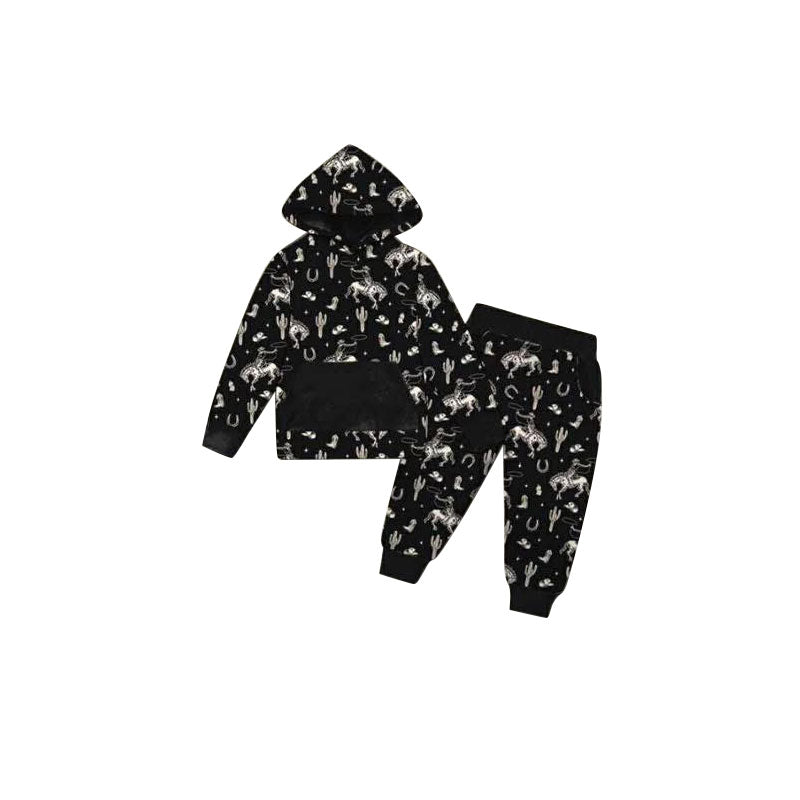 (Pre Order) No moq BLP1392 Pre-order baby boy clothes western catcus boots black hooded ong sleeve pants sets-2025.11.12