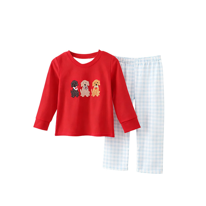 (Pre Order) No moq BLP1394 Pre-order baby boy clothes puppy love red long sleeve pants sets-2025.11.13