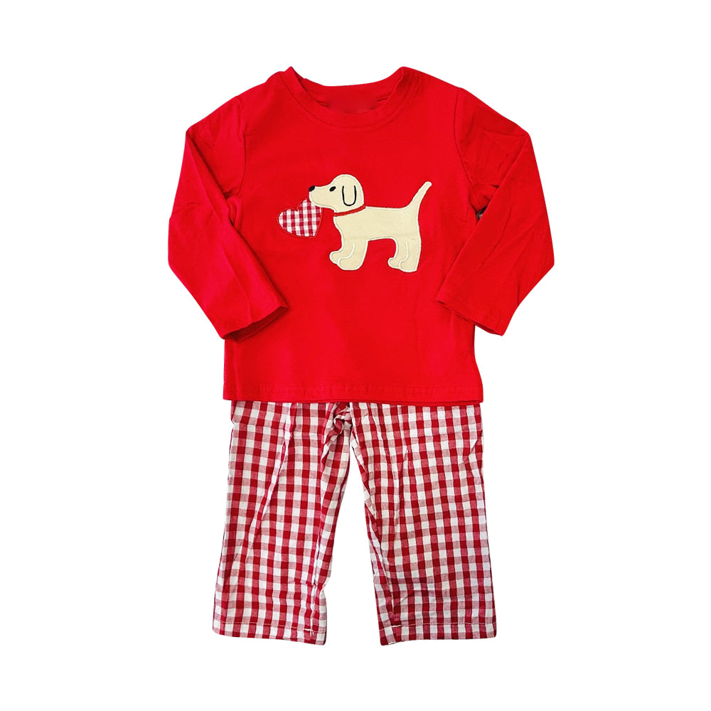 (Pre Order) No moq BLP1397 Pre-order baby boy clothes puppy love red long sleeve pants sets-2025.11.15