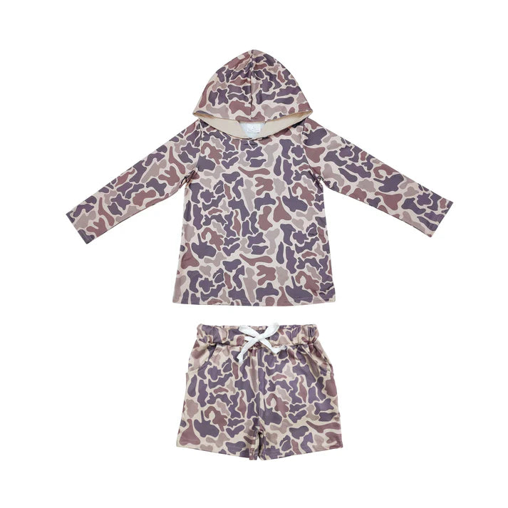 RTS NO MOQ Baby Boys Khaki Camo Hoodie Top Pockets Shorts Southern Clothes Sets
